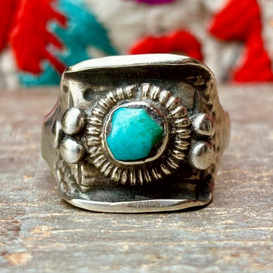 Bague selle tibétaine argent et turquoise - Bijou ancien de l'Himalaya