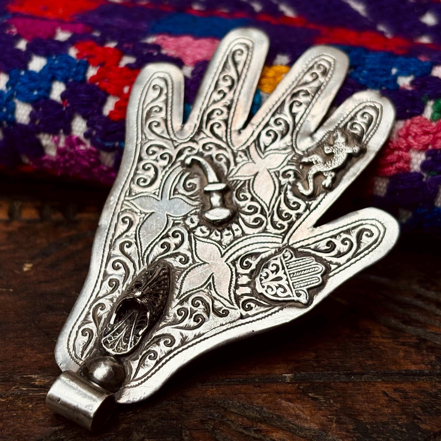 Pendentif Hamsa Argent Salamandre - Main Fatima Berbère Maroc Ancien 900/1000