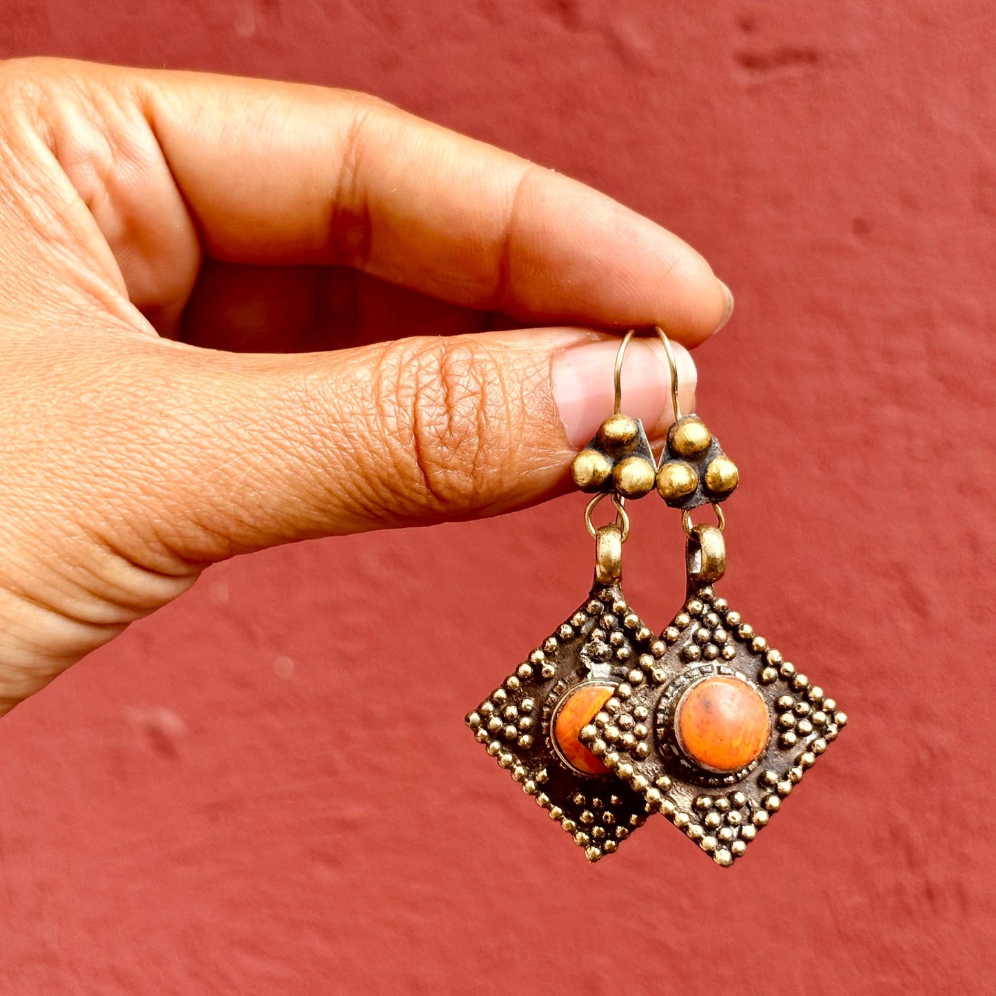 Boucles d'oreille ethniques bronze doré et pierres au choix, Boucles d’oreille losange tribale orientale bohème afghanes, Cadeau pour femme