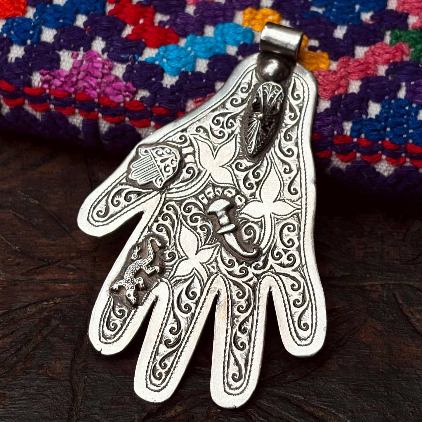 Pendentif Hamsa Argent Salamandre - Main Fatima Berbère Maroc Ancien 900/1000