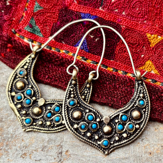 Créoles tribales afghanes boho avec verre bleu - Anneaux ethniques danse orientale