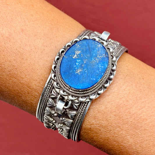 Bracelet argent sterling lapis-lazuli - Manchette ethnique vintage orientale boho indien Rajasthan