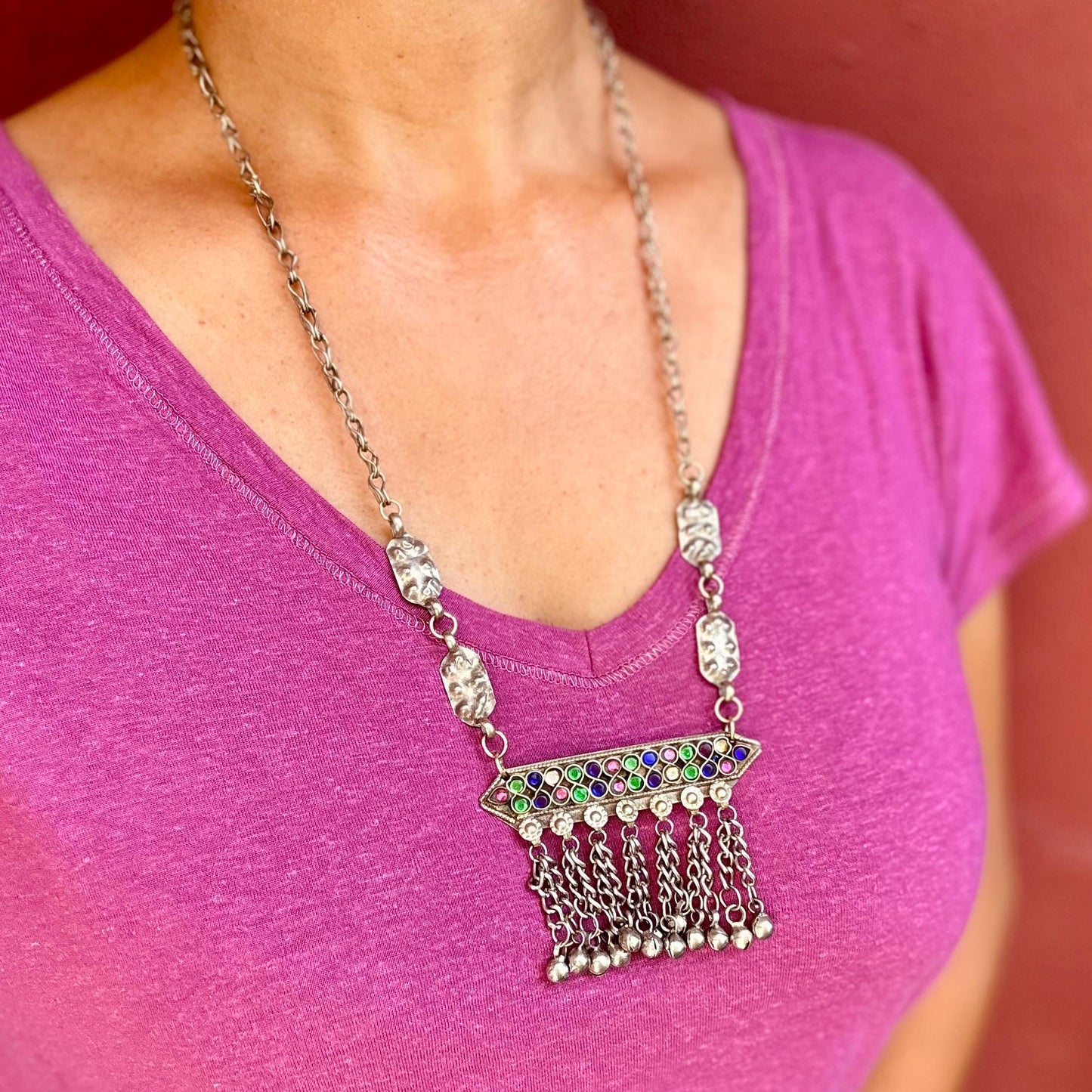 Anhänger-Halskette Boho Tribal, Vintage Afghan Halskette Nomadenstamm Kuchi, Lange orientalische ethnische Hippie-Halskette, Geschenk für Frauen