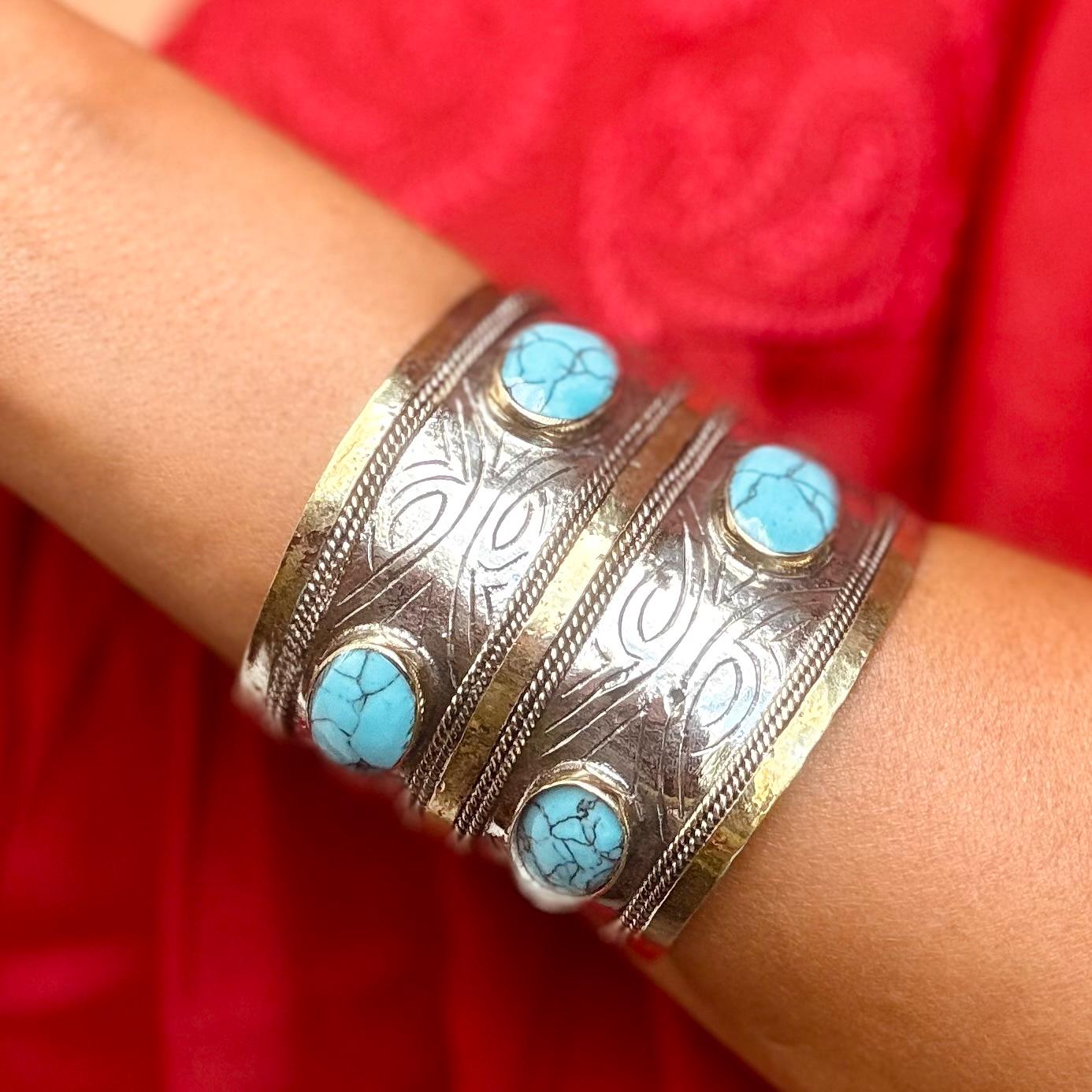 Bracelet manchette ethnique turquoise argenté boho - Bijou Turkmène afghan pierre bleue style bohème oriental