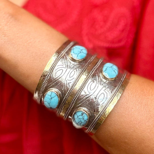 Bracelet manchette ethnique turquoise argenté boho - Bijou Turkmène afghan pierre bleue style bohème oriental