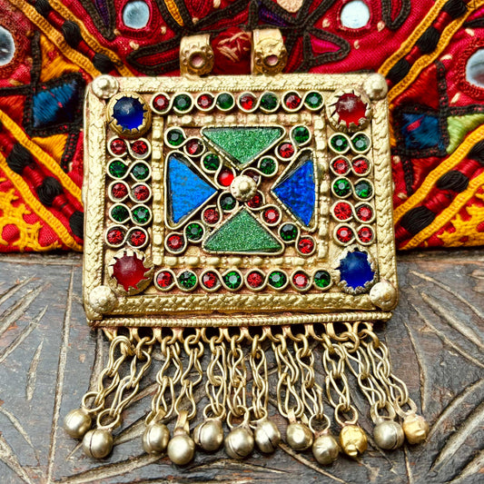 Pendentif tribal ethnique Afghan Kuchi, Pendentif rectangulaire multicolore, Bijou asiatique oriental exotique vintage, Collier gypsy boho