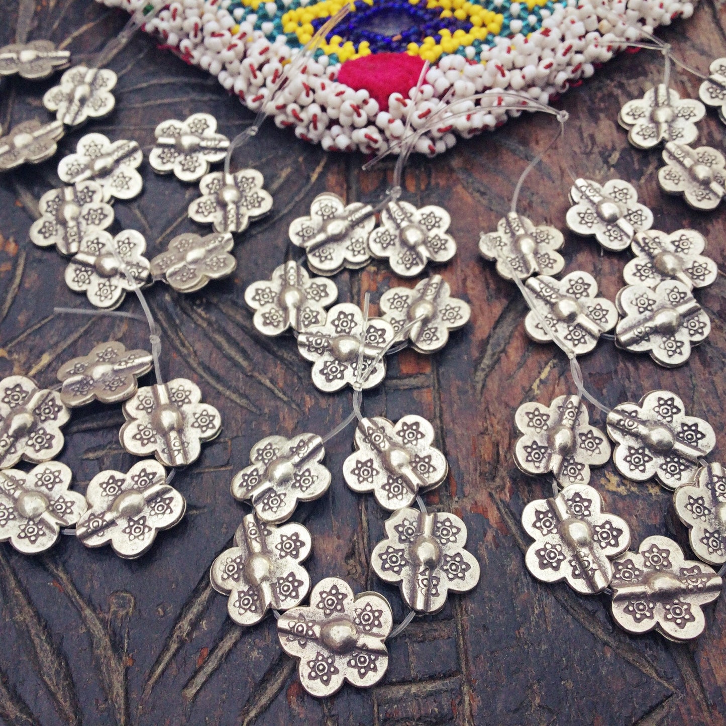 Perles fleur argent Thaïlande, Perles vintage tribu Karen, Perles tribales ethniques vintage, Fournitures création fabrication bijoux