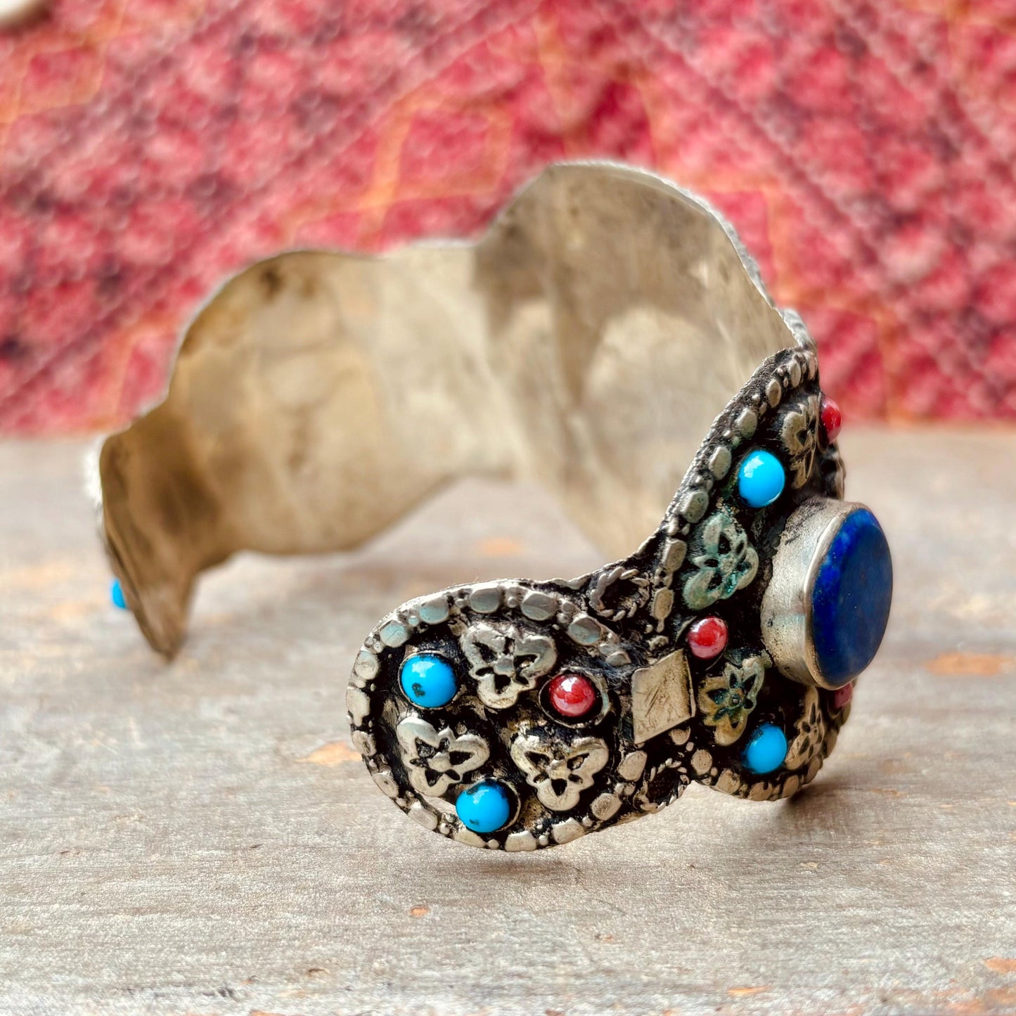 Bracelet manchette lapis-lazuli - Bijou ethnique turkmène pierre bleue