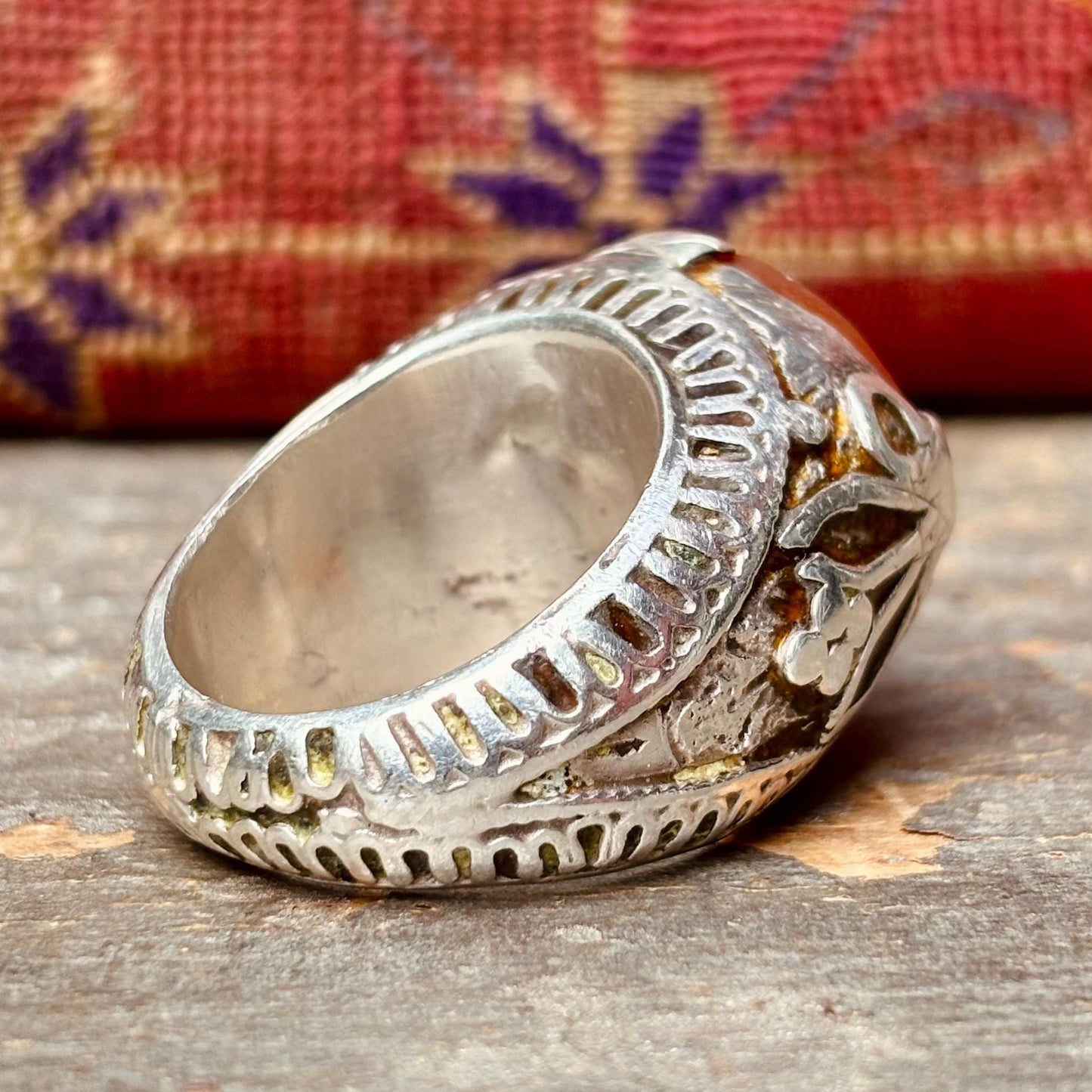 Große Herrenring Silber Achat Intarsie Afghanistan, Islamischer arabischer orientalischer asiatischer antiker Ring, Aqeeq Schutz bösen Blick