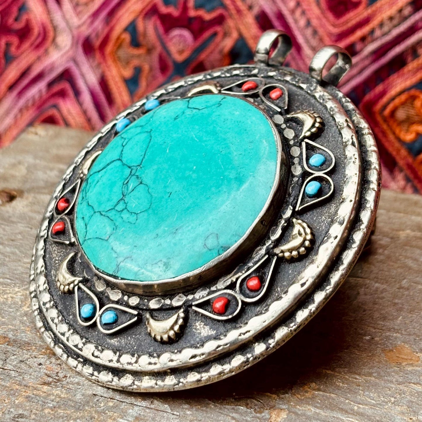 Pendentif Turkmène Rond Turquoise Argent - Bijou Tribal Ethnique Pierre Bleu Vert - Statement Oriental Vintage