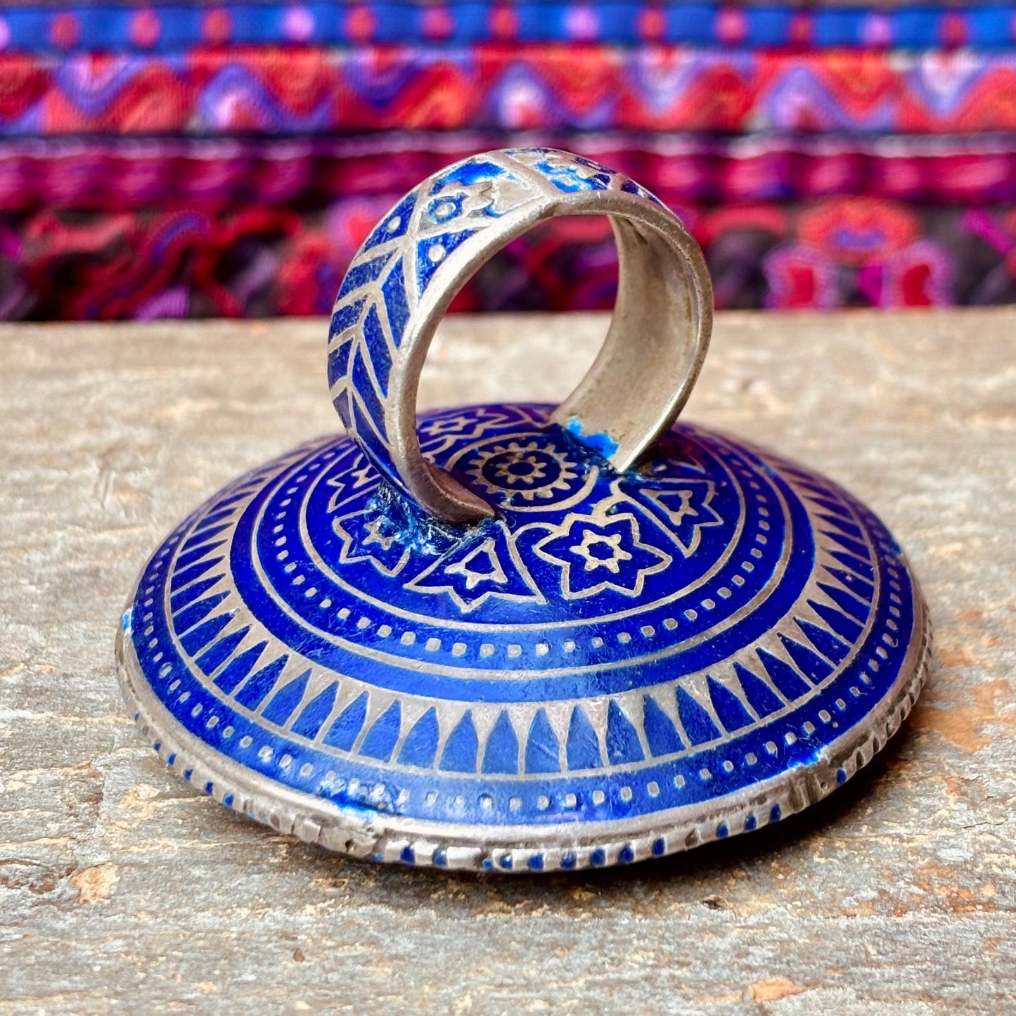 Bague Argent Émaux Bleus Multan Pakistan - Grande Bague Ronde Tribale Miroir Ethnique Vintage Collection
