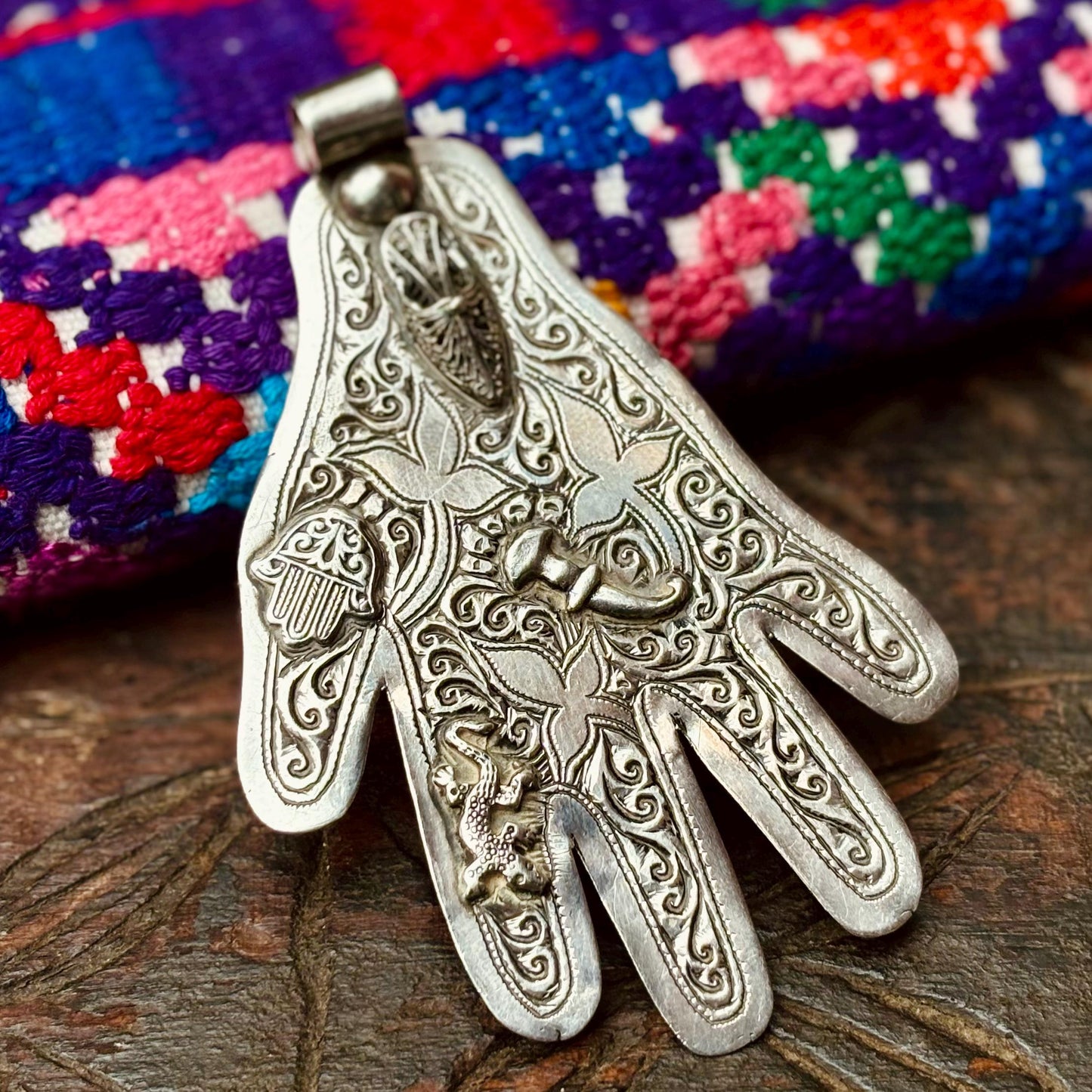 Pendentif Hamsa Argent Salamandre - Main Fatima Berbère Maroc Ancien 900/1000