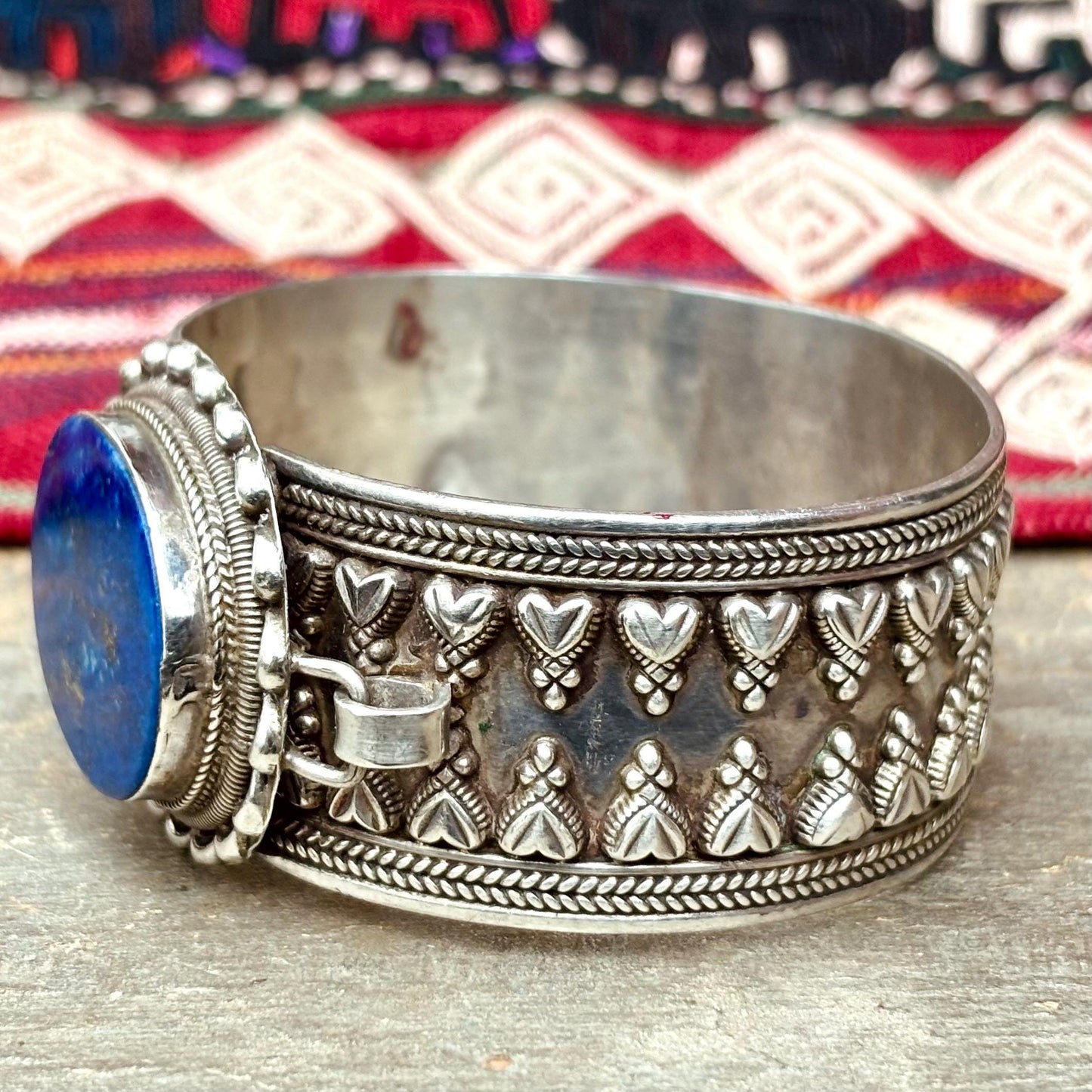 Bracelet argent sterling lapis-lazuli - Manchette ethnique vintage orientale boho indien Rajasthan