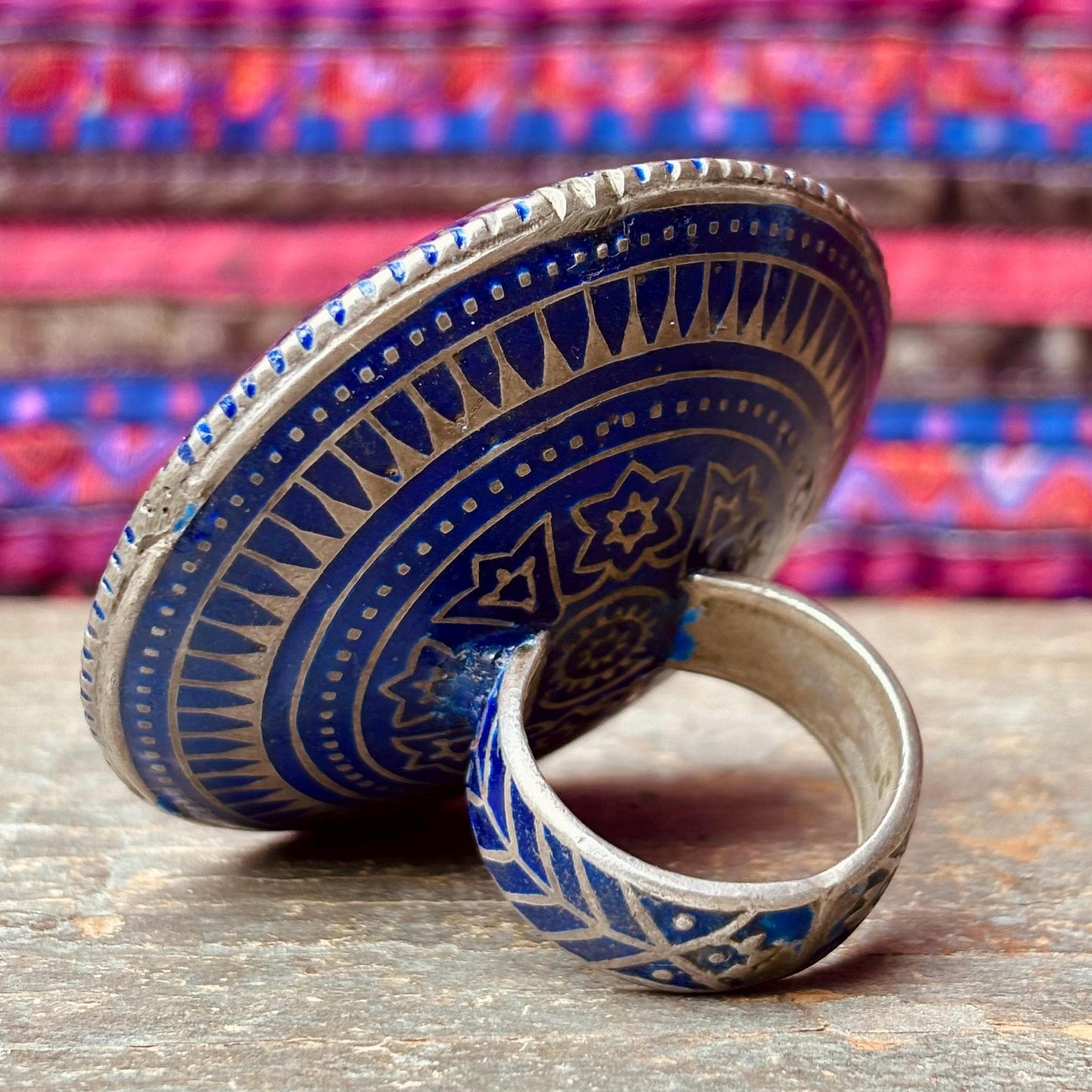 Bague Argent Émaux Bleus Multan Pakistan - Grande Bague Ronde Tribale Miroir Ethnique Vintage Collection