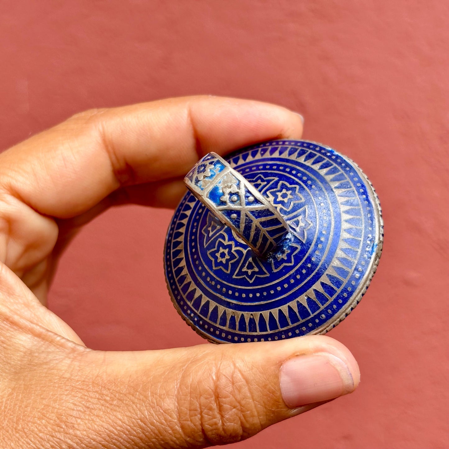 Bague Argent Émaux Bleus Multan Pakistan - Grande Bague Ronde Tribale Miroir Ethnique Vintage Collection