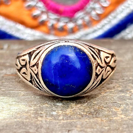Bague argent lapis lazuli, Bague ethnique vintage, Bague tribale pierre bleue ronde, Bague afghane orientale, Bijoux ethniques Tribu nomade