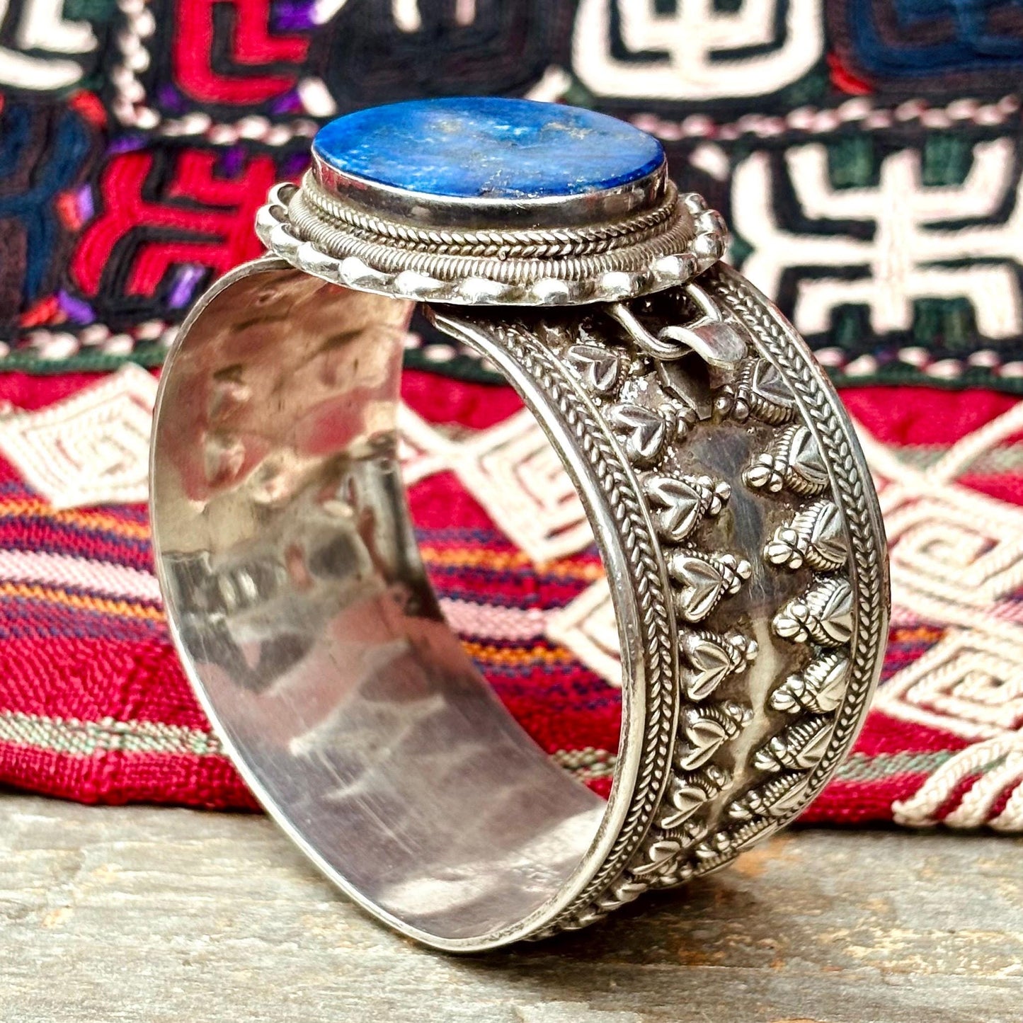 Bracelet argent sterling lapis-lazuli - Manchette ethnique vintage orientale boho indien Rajasthan